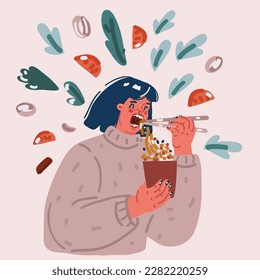 Cartoon vector illustration of woman eating noodle. Plate of instant noodles.