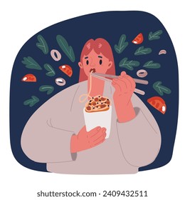 Cartoon vector illustration of Woman eating hot spicy food concept over dark backround