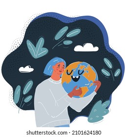 Cartoon vector illustration of Woman Embracing smiling Earth Globe on dark backround.