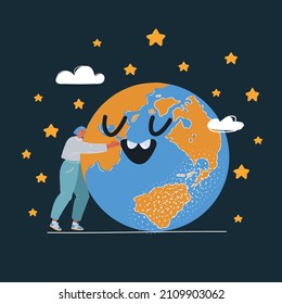 Cartoon vector illustration of Woman Embracing a Giant Globe over dark backround.