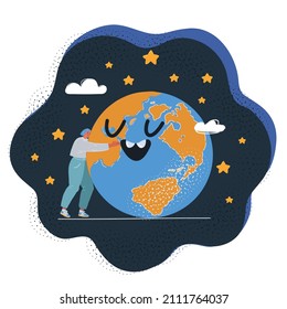 Cartoon vector illustration of Woman Embracing earth Globe on dark backround.