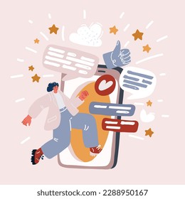 Cartoon vector illustration of woman enter smartphone to online life. Online dependencies