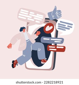 Cartoon vector illustration of woman enters the door of a mobile phone screen. The concept of digital detox. Addiction concept.