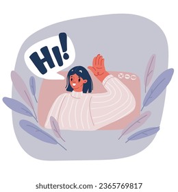 Cartoon vector illustration of woman face in pop up message window say Hi!