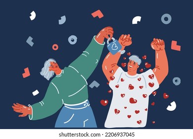 Cartoon vector illustration of woman fall in love with man over dark backround