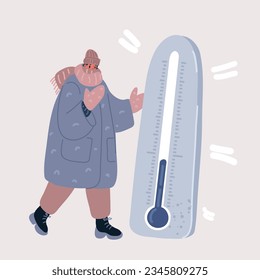 Cartoon vector illustration of Woman Feeling Cold Next to a Freezing Thermometer. Person wearing warm clothing