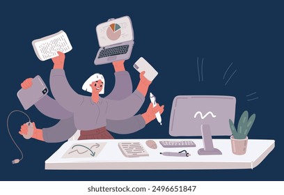 Cartoon vector illustration of Woman financial accountant. Secretary assistant. Young businesswoman multitasking. Creative modern over dark background