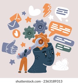 Cartoon vector illustration of Woman fixing gears, changing settings of complex business system. Analysis, mindset setup thinking concept. Analyst with cogwheels
