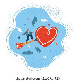 Cartoon vector illustration of Woman fly on heart arrow direct to heart concept. Valentine concept