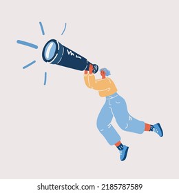 Cartoon vector illustration of woman fly and using spyglass for searching of opportunities. Businesswoman searching for opportunities.