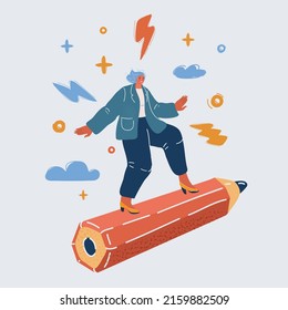 Cartoon vector illustration of Woman Flying on Pencil Rocket to Working Success and Goal Achievement. Concept of Journalist, blogger, writer, artist, copywriter over dark backround.