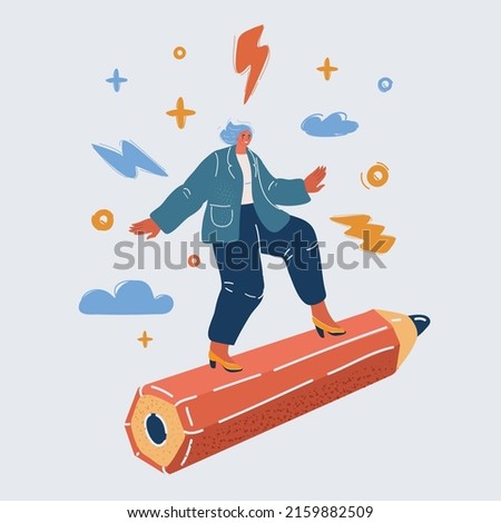 Cartoon vector illustration of Woman Flying on Pencil Rocket to Working Success and Goal Achievement. Concept of Journalist, blogger, writer, artist, copywriter over dark backround.
