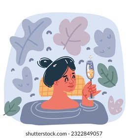 Cartoon vector illustration of Woman in foam takes shower. Beauty and hygiene procedures, routine and daily activities. Swimming pool