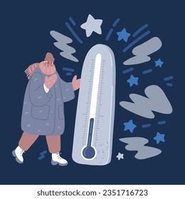 Cartoon vector illustration of Woman of frozen woman hold thermometer in hands in winter season