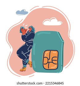 Cartoon vector illustration of woman with gadgets stand next to big Sim Card. Addicted to internet people, Using high speed wireless connection