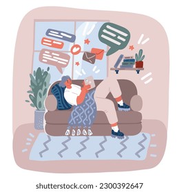 Cartoon vector illustration of Woman with gadgets lying on sofa and surfing online