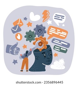 Cartoon vector illustration of woman with gears or cogs working in their brains