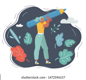 Cartoon vector illustration of woman with a giant pencil on her shoulder on dark background. Writer, bloggers, journalists, interviewer, screenwriter, copywriter, author, draftsman.