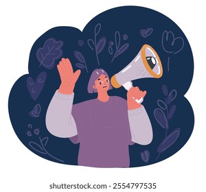 Cartoon vector illustration of woman girl shouting in megaphone, loudspeacker over dark backround