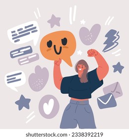 Cartoon vector illustration of woman give good Feedback. Clients choosing satisfaction rating and leaving positive review. Feedback consumer, customer review evaluation.