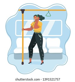 Cartoon vector illustration of woman go by public transport, metro, bus, train. Female charcter lister to the music in headphones and hold on to the rail in car background.