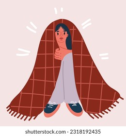 Cartoon vector illustration of woman got a fever shivering under blanket