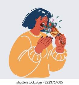 Cartoon vector illustration of woman and greedy eating tasty doner kebab