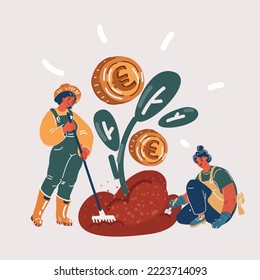 Cartoon vector illustration of Woman Growing plant with coin of euro. Businesswomen and plant