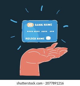 Cartoon vector illustration of Woman hand holding plastic credit card on dark backround.