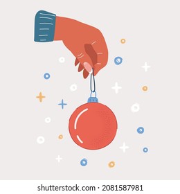 Cartoon vector illustration of Woman hand holding xmas ball