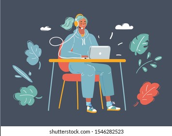Cartoon vector illustration of Illustration of woman having a video chat by the internet.