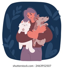Cartoon vector illustration of A woman having fun playing time with her cat and dog over dark backround