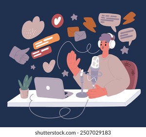 Cartoon vector illustration of woman in headset listening to music female blogger, streamer, podcaster. Woman with laptop, microphont and earphones use laptop and make cahnel, broadcast