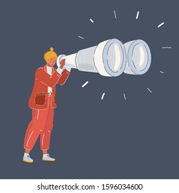 Cartoon vector illustration of woman with her binoculars on dark background.
