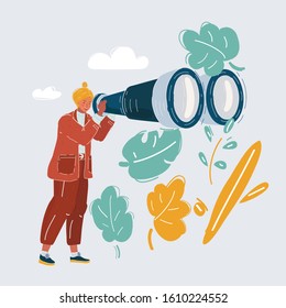 Cartoon vector illustration of woman with her huge binoculars on white.