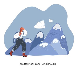 Cartoon vector illustration of woman hiker with backpack walking mounting landscape