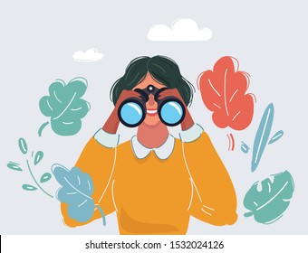 Cartoon vector illustration of woman with his huge binoculars.