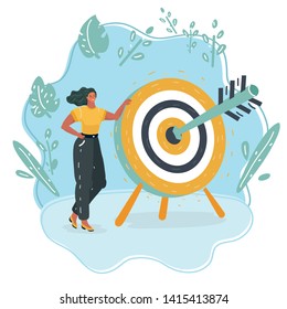 Cartoon vector illustration of woman hit a target with arrow. Winner concept on blue.