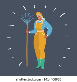 Cartoon vector illustration of woman hold rakes on dark background. Female garderner character.