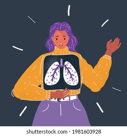 Cartoon vector illustration of woman hold her chest xray scan for a medical diagnosis. Character on dark background.