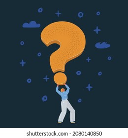 Cartoon vector illustration of woman hold big question mark above herself on dark backround.