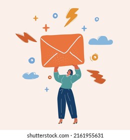 Cartoon vector illustration of woman hold big envelope in her hands. Received email or message in a social network or email