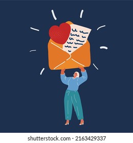 Cartoon vector illustration of woman hold big envelope, on dark background. love letter, romantic message over dark backround.