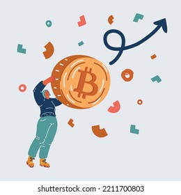 Cartoon vector illustration of woman hold bitcoin in her hand