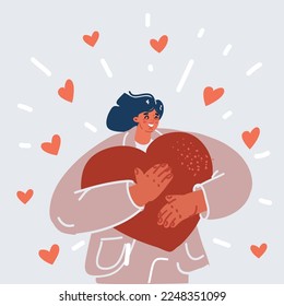 Dibujo vectorial de la mujer sostiene un gran símbolo cardíaco. Personaje enamorado