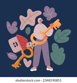 Cartoon vector illustration of woman hold home golden key over dark background