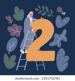 Cartoon vector illustration of Woman hold big number two over dark backround