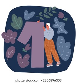 Cartoon vector illustration of woman hold numbers 1over dark backround