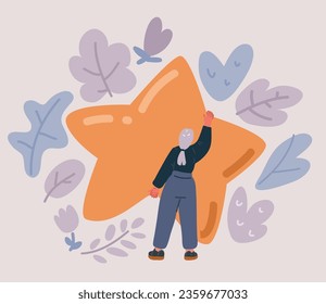 Cartoon vector illustration of Woman Hold Yellow Star to Rate Service or Goods. Client Female Character Feedback and High Rating. Customer Review and User Rating Star