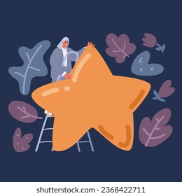 Cartoon vector illustration of Woman Hold Yellow Star to Rate Service or Goods. Client Female Character Feedback and High Rating. Customer Review and User Rating Star over dark backround